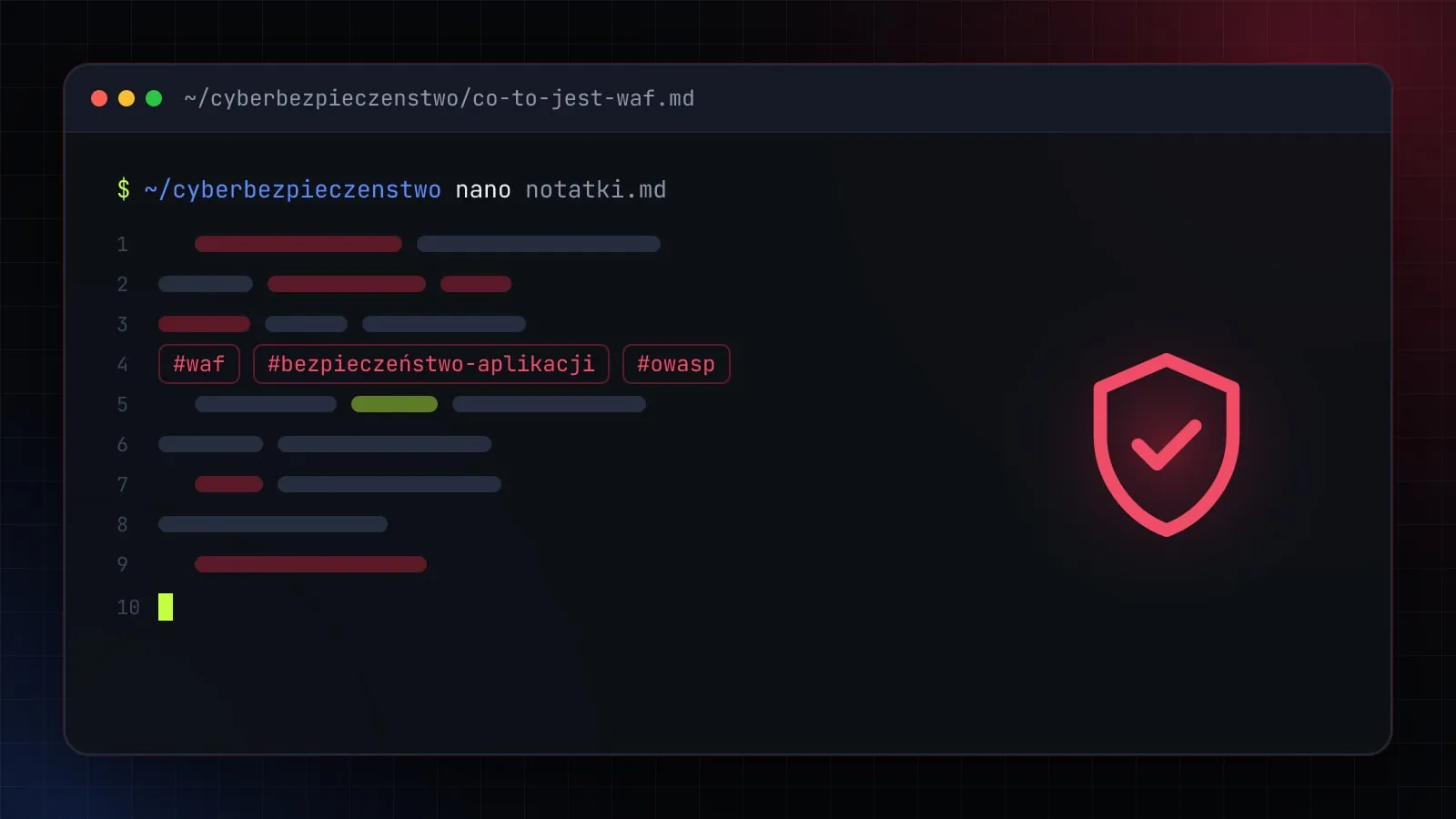 Ilustracja do artykułu „Co to jest WAF? Jak działa Web Application Firewall i kiedy go potrzebujesz” — okno edytora z ikoną działu Cyberbezpieczeństwo