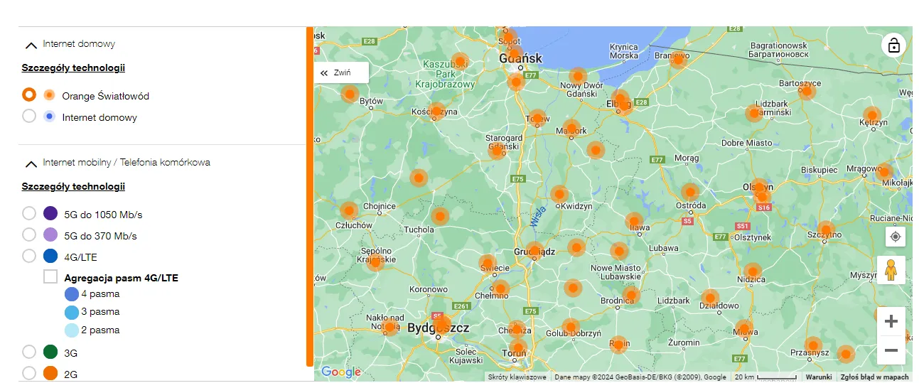 Mapa zasięgu Orange z filtrem agregacji pasm 4G/LTE (2, 3 i 4 pasma)