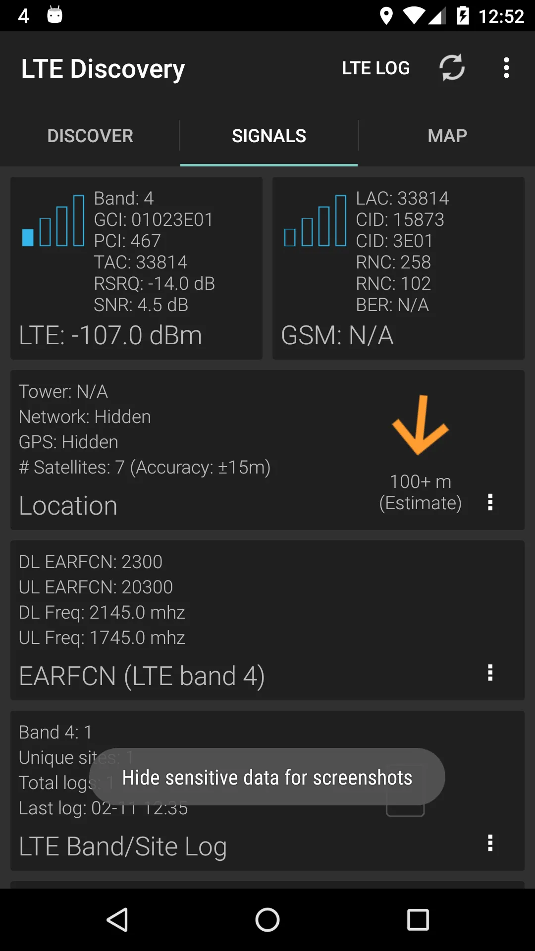 Ekran aplikacji LTE Discovery z numerem pasma, EARFCN i parametrami sygnału LTE
